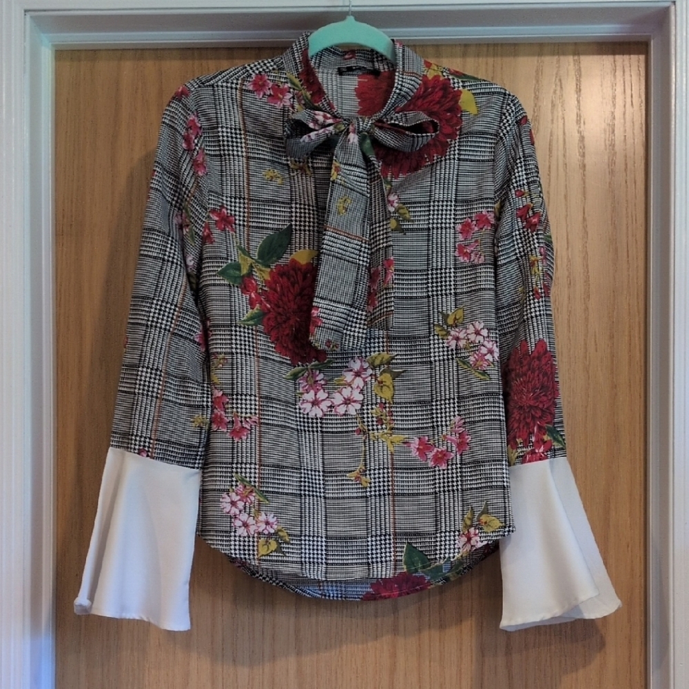 Floral Plaid Women's Top with Bow Tie